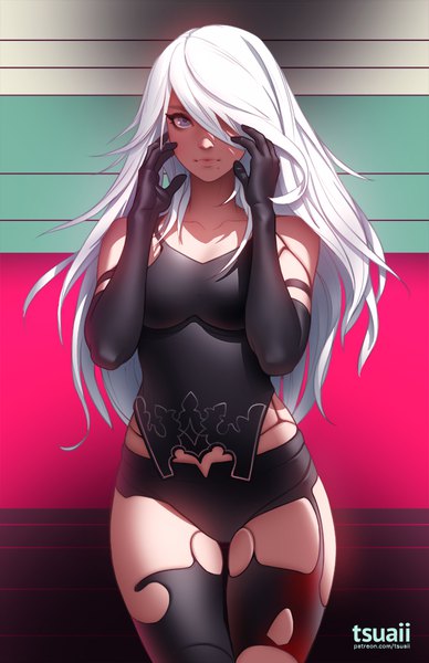 Anime picture 660x1020 with nier nier:automata yorha type a no. 2 tsuaii single long hair tall image looking at viewer fringe breasts blue eyes light erotic simple background large breasts standing white hair lips hair over one eye realistic mole
