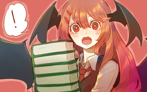 Anime picture 1440x900 with touhou koakuma keemoringo single long hair blush open mouth simple background hair between eyes red eyes payot looking away red hair fang (fangs) wallpaper red background bat wings head wings surprised !