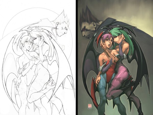 Anime picture 2127x1600 with dark stalkers vampire / darkstalkers (game) capcom morrigan aensland lilith aensland udon entertainment highres multiple girls demon girl multiview bat wings head wings succubus lineart girl boy 2 girls pantyhose wings