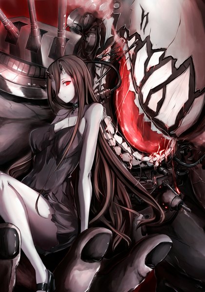 Anime picture 1502x2140 with kantai collection battleship-symbiotic hime 8gou long hair tall image looking at viewer fringe open mouth black hair smile hair between eyes red eyes sitting bent knee (knees) nail polish fingernails hair over one eye outstretched arm saliva pale skin