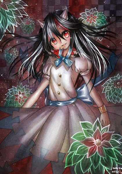Anime picture 702x1000 with touhou kijin seija mosho single long hair tall image black hair red eyes signed multicolored hair horn (horns) streaked hair alternate hairstyle checkered traditional media checkered background alternate hair length watercolor (medium) girl dress