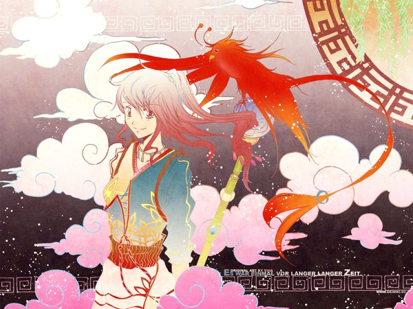 Anime picture 1600x1200 with cloud (clouds) ponytail abstract girl animal bird (birds)