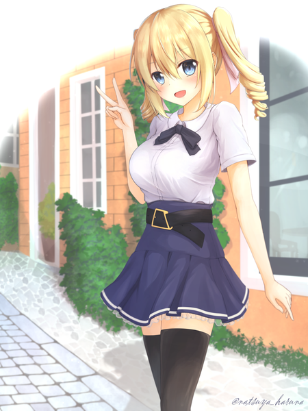 Anime picture 1200x1600 with mahouka koukou no rettousei angelina kudou shields natsuya (pucelle) single tall image looking at viewer blush fringe short hair breasts open mouth blue eyes blonde hair smile hair between eyes large breasts standing twintails signed payot