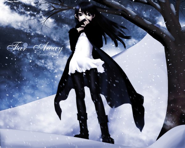 Anime picture 1280x1024 with original hakua ugetsu single long hair black hair sky black eyes snowing winter snow girl plant (plants) tree (trees) cloak