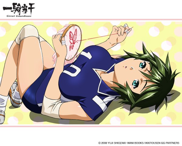 Anime picture 1280x1024 with ikkitousen short hair open mouth knee pads elbow pads