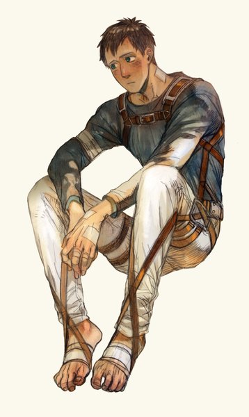 Anime picture 600x1004 with shingeki no kyojin production i.g bertolt hoover prema-ja single tall image blush short hair brown hair white background sitting green eyes looking away barefoot boy pants bandage (bandages) bandaid