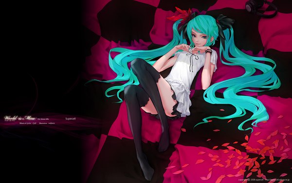 Anime picture 1920x1200 with vocaloid world is mine (vocaloid) hatsune miku redjuice single long hair highres smile wide image twintails full body lying very long hair aqua eyes aqua hair zettai ryouiki black background girl thighhighs dress