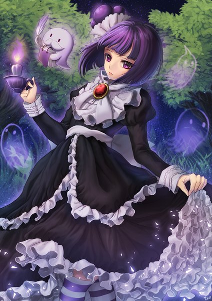 Anime picture 1200x1697 with cookie run blackberry cookie kko tall image looking at viewer fringe short hair purple eyes holding purple hair ghost girl dress plant (plants) leaf (leaves) feather (feathers) grass fire candle (candles) fake mustache