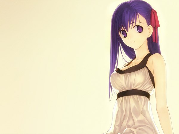 Anime picture 1600x1200 with fate (series) fate/stay night studio deen type-moon matou sakura long hair looking at viewer simple background purple eyes purple hair light smile ribbon (ribbons) hair ribbon