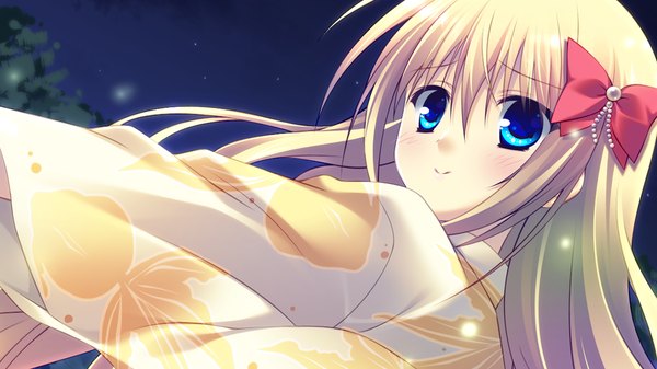 Anime picture 1024x576 with lovely quest long hair blush blue eyes blonde hair smile wide image game cg japanese clothes girl bow hair bow kimono