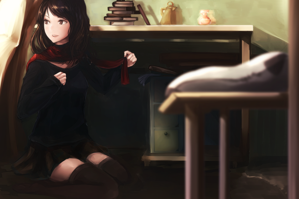 Anime picture 2400x1600 with original kinobori0322 single fringe highres short hair breasts smile brown hair sitting brown eyes looking away indoors looking back mole mole under eye wariza floor girl skirt