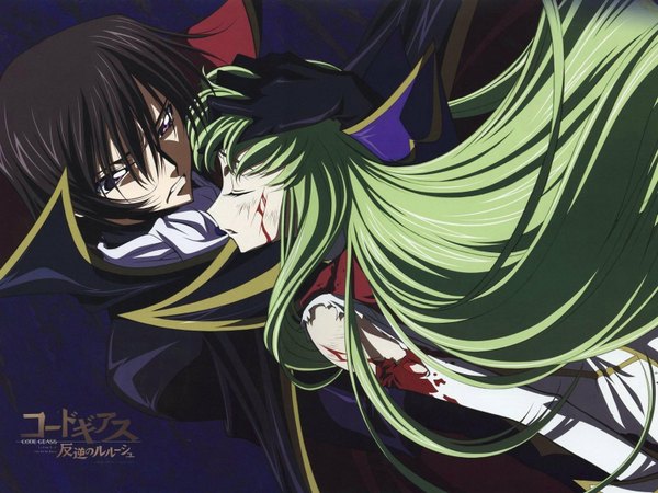 Anime picture 1600x1200 with code geass sunrise (studio) c.c. lelouch lamperouge fringe highres short hair bare shoulders eyes closed green hair wallpaper couple girl boy blood