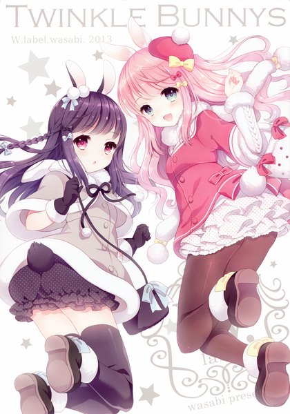 Anime picture 2450x3502 with wasabi (sekai) long hair tall image blush highres open mouth blue eyes purple eyes multiple girls animal ears pink hair purple hair scan girl thighhighs dress gloves bow black thighhighs 2 girls