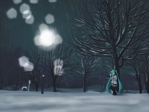 Anime picture 1600x1200 with vocaloid hatsune miku single highres twintails wallpaper snowing winter snow exhalation girl thighhighs coat