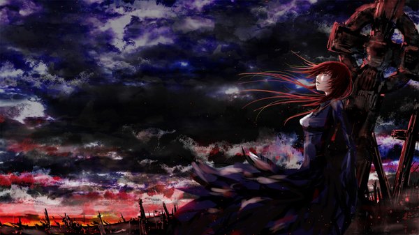 Anime picture 1600x900 with vocaloid megurine luka single long hair fringe wide image pink hair sky eyes closed profile pink eyes dark background looking up field girl dress cross