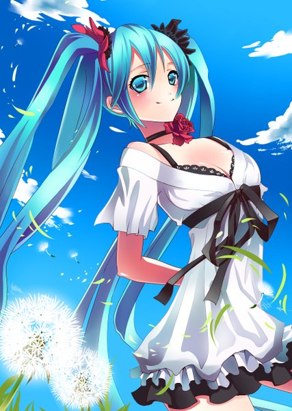 Anime picture 3578x5031 with vocaloid hatsune miku blackmoon (ypps6166) single tall image blush highres twintails absurdres sky cloud (clouds) very long hair aqua eyes aqua hair girl sundress dandelion