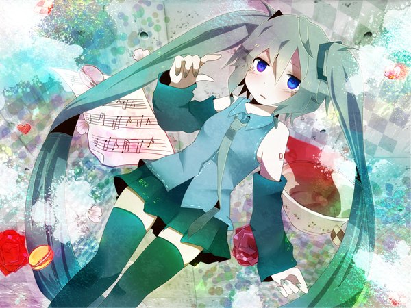 Anime picture 1848x1386 with vocaloid hatsune miku tyka (artist) long hair highres blue eyes twintails nail polish aqua hair girl thighhighs skirt black thighhighs detached sleeves miniskirt necktie cup