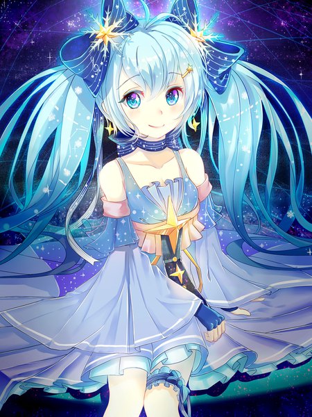 Anime picture 1500x2000 with vocaloid star night snow (vocaloid) hatsune miku yuki miku yuki miku (2017) pdxen single long hair tall image blush smile sitting twintails bare shoulders aqua eyes aqua hair arm support turning head space starry sky print