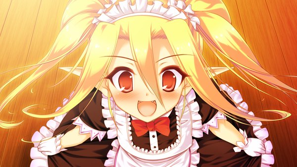 Anime picture 1280x720 with colorful cure moric (artist) long hair blush open mouth blonde hair red eyes wide image twintails game cg pointy ears maid loli girl headdress maid headdress