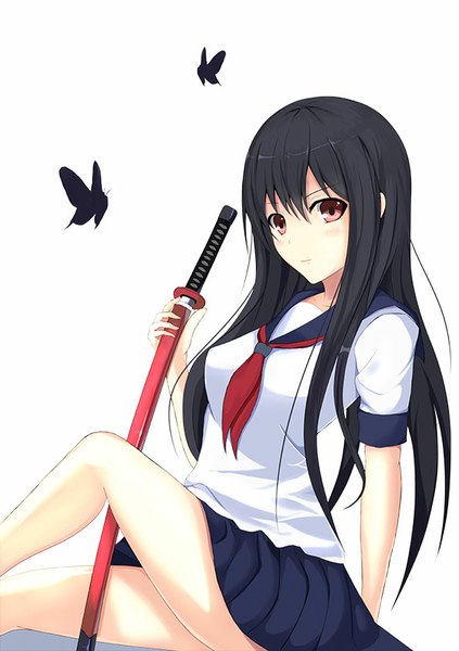 Anime picture 595x842 with original chuxue single long hair tall image looking at viewer blush fringe black hair simple background red eyes white background sitting bent knee (knees) pleated skirt girl skirt weapon sword katana
