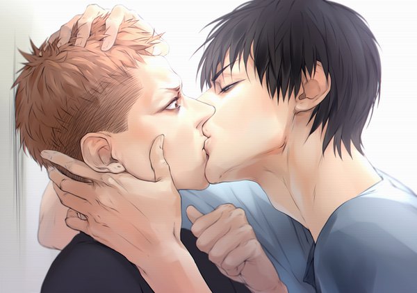 Anime picture 1240x874 with 19 days mo guan shan he tian tashami fringe short hair black hair hair between eyes brown hair head tilt lips multiple boys leaning leaning forward piercing ear piercing kiss shounen ai surprised hand on another's head