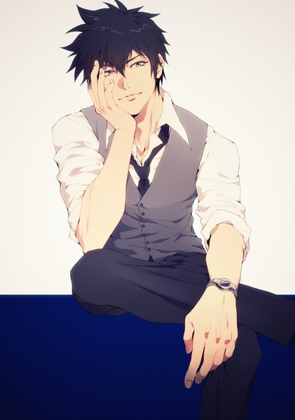 Anime picture 701x1000 with psycho-pass production i.g kougami shin'ya single tall image looking at viewer short hair black hair smile sitting purple eyes crossed legs open collar leg lift (legs lift) twisty sleeves boy shirt necktie vest clock