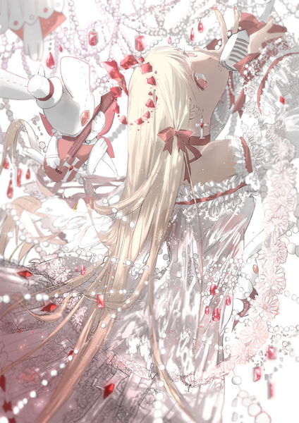 Anime picture 707x1000 with original winni single long hair tall image looking at viewer blonde hair red eyes bare shoulders holding looking back arms up arched back music girl dress ribbon (ribbons) hair ribbon earrings animal