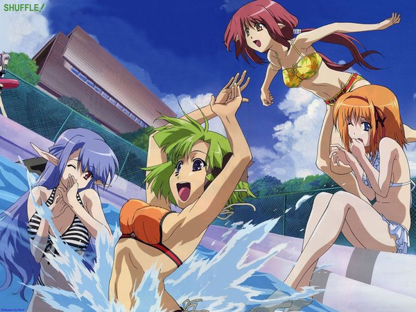 Anime picture 1600x1200 with shuffle! megami magazine fuyou kaede lisianthus nerine shigure asa light erotic official art demon jpeg artifacts girl swimsuit