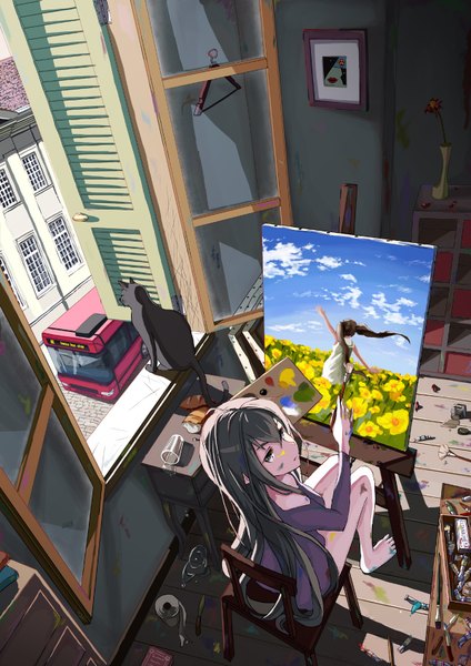 Anime picture 1200x1697 with original 108tooya single long hair tall image looking at viewer sitting holding looking back barefoot aqua eyes from above shadow no shoes street dark hair drawing spill girl flower (flowers)