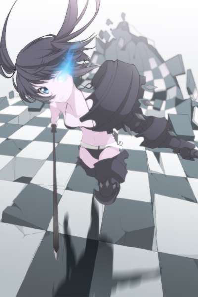 Anime picture 800x1200 with black rock shooter black rock shooter (character) gamma (geoffrey) single long hair tall image looking at viewer fringe blue eyes light erotic black hair twintails holding shadow glowing glowing eye (eyes) checkered floor floor checkered running