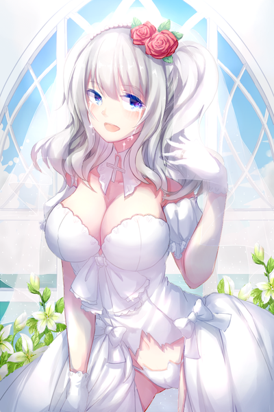Anime picture 800x1200 with kantai collection kashima training cruiser whitenight single tall image blush fringe breasts open mouth blue eyes light erotic smile hair between eyes large breasts white background looking away cleavage hair flower grey hair bare belly