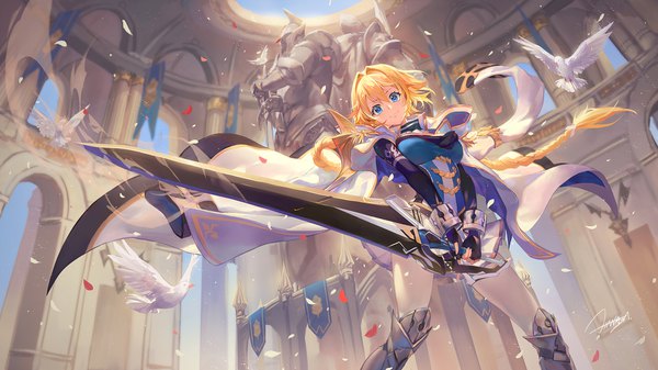 Anime picture 1920x1080 with million arthur (series) rebellious million arthur square enix criin single long hair looking at viewer fringe highres blue eyes blonde hair hair between eyes wide image standing holding signed braid (braids) light smile wind from below