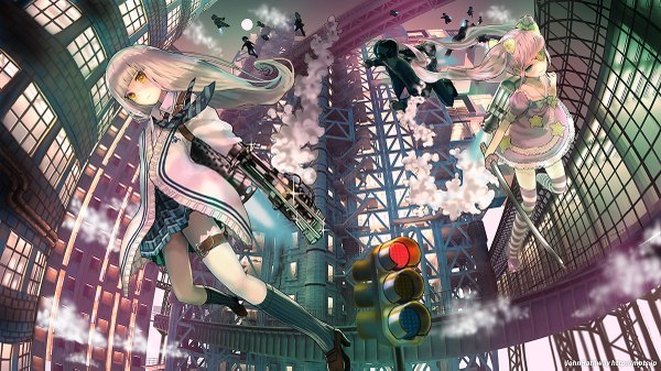 Anime picture 1200x675 with vocaloid ia (vocaloid) john hathway long hair looking at viewer blush fringe blue eyes blonde hair wide image twintails yellow eyes pink hair cloud (clouds) night night sky smoke thighhighs weapon sword