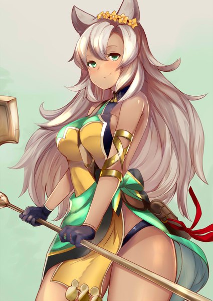 Anime picture 1074x1517 with granblue fantasy nemone haik single long hair tall image looking at viewer blush fringe breasts light erotic simple background smile hair between eyes large breasts bare shoulders holding green eyes animal ears payot