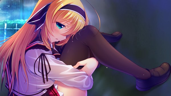 Anime picture 1280x720 with kimi to koi suru gakuen kissa hozumi mari (kimi to koi suru gakuen kissa) single long hair blush blue eyes blonde hair wide image game cg girl thighhighs uniform black thighhighs school uniform hairband