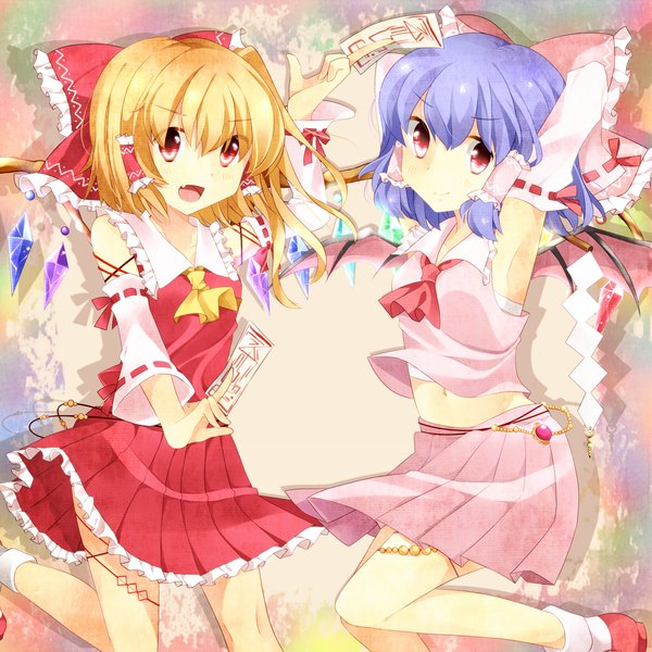 Anime picture 1500x1500 with touhou hakurei reimu flandre scarlet remilia scarlet ayu maron short hair open mouth blonde hair red eyes multiple girls blue hair armpit (armpits) miko cosplay alternate color hakurei reimu (cosplay) girl skirt bow 2 girls