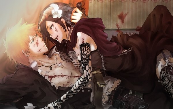 Anime picture 1550x986 with bleach studio pierrot kurosaki ichigo kuchiki rukia pikeish (artist) short hair open mouth brown hair holding brown eyes lying nail polish profile hair flower horn (horns) orange hair couple torn clothes injury shinigami