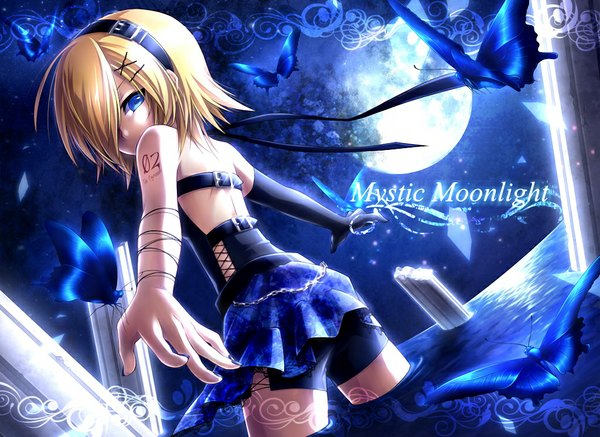 Anime picture 1024x746 with vocaloid kagamine rin ueno tsuki fringe short hair blue eyes blonde hair nail polish looking back hair over one eye girl hair ornament water insect butterfly moon bobby pin x hair ornament single glove