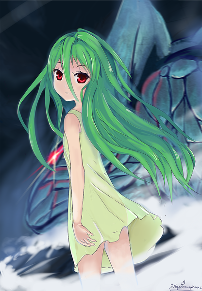 Anime picture 1041x1500 with original lightindark4 (artist) single long hair tall image looking at viewer red eyes bare shoulders looking back green hair back girl dress sundress