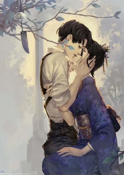 Anime picture 785x1111 with shingeki no kyojin production i.g mikasa ackerman levi (rivaille) dark134 tall image short hair black hair signed eyes closed traditional clothes japanese clothes profile kiss twisty sleeves hand on another's face girl boy hair ornament shirt