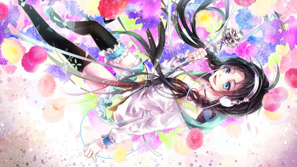 Anime picture 1280x720 with utau momoko (momoko14) single long hair open mouth blue eyes black hair smile wide image braid (braids) coloring girl thighhighs skirt flower (flowers) black thighhighs frills headphones