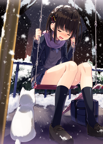 Anime picture 1036x1450 with original sakuragi ren single long hair tall image blush fringe open mouth brown hair sitting blunt bangs eyes closed pleated skirt night tears snowing winter snow crying bare tree