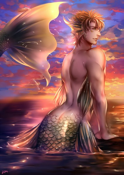 Anime picture 800x1131 with jojo no kimyou na bouken caesar anthonio zeppeli dk (pixiv) single tall image short hair light erotic green eyes signed sky cloud (clouds) orange hair back evening sunset face paint boy water sea mermaid