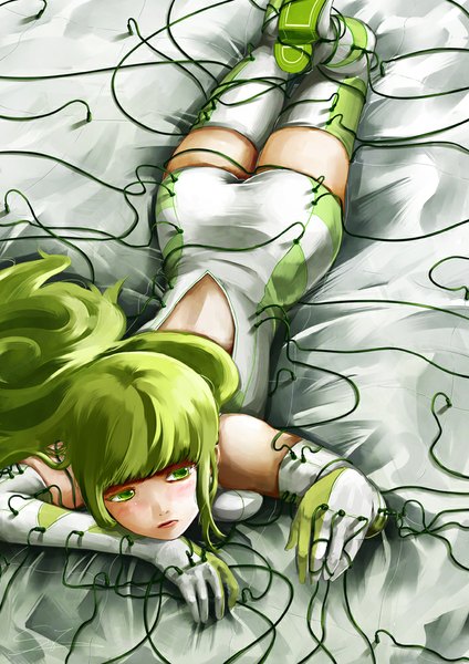 Anime picture 707x1000 with sinzire (artist) single long hair tall image blush fringe green eyes looking away bent knee (knees) lying green hair lips on stomach bare back science fiction girl thighhighs gloves elbow gloves shorts