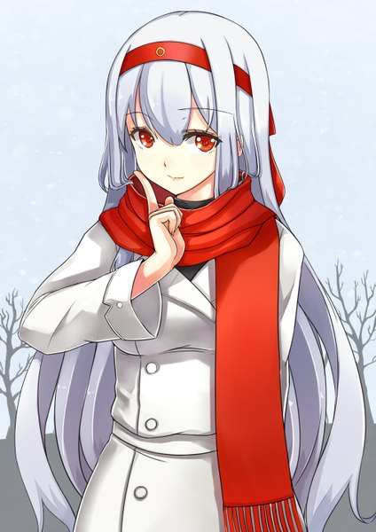 Anime picture 1012x1432 with kantai collection shoukaku aircraft carrier asya single long hair tall image looking at viewer red eyes white hair girl hairband scarf coat red scarf