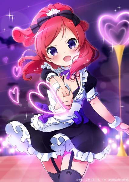 Anime picture 1000x1412 with love live! school idol project sunrise (studio) love live! nishikino maki neki (wakiko) single long hair tall image looking at viewer blush open mouth light erotic purple eyes ponytail red hair head tilt :o sparkle maid pointing