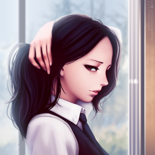 Anime picture 1440x1440 with tokyo ghoul studio pierrot irimi kaya miura-n315 single long hair looking at viewer black hair signed upper body ponytail parted lips profile lips black eyes realistic lipstick watermark adjusting hair hand on head