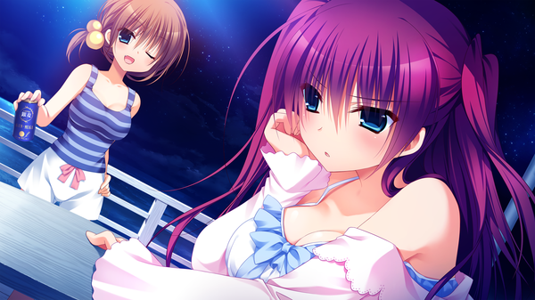Anime picture 2560x1440 with innocent girl ousaka kanae nanaka mai long hair blush highres short hair open mouth blue eyes brown hair wide image bare shoulders multiple girls game cg purple hair one eye closed wink night girl dress
