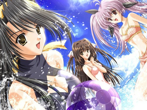 Anime picture 1024x768 with sky (game) futaba karin hiougi ayame irie ran akira (usausa) long hair open mouth black hair brown hair multiple girls yellow eyes pink hair game cg sky :d two side up cleavage cutout girl ribbon (ribbons) swimsuit