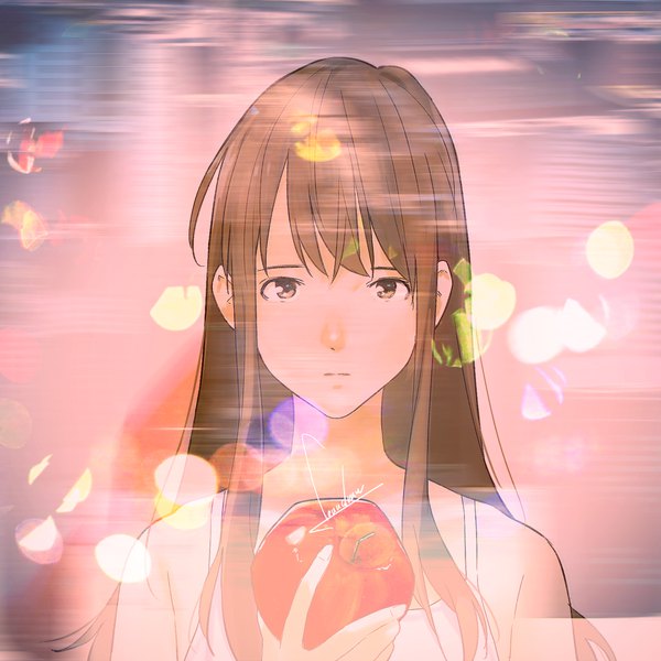 Anime picture 1600x1600 with original loundraw single long hair looking at viewer fringe brown hair bare shoulders holding brown eyes signed upper body portrait girl fruit apple